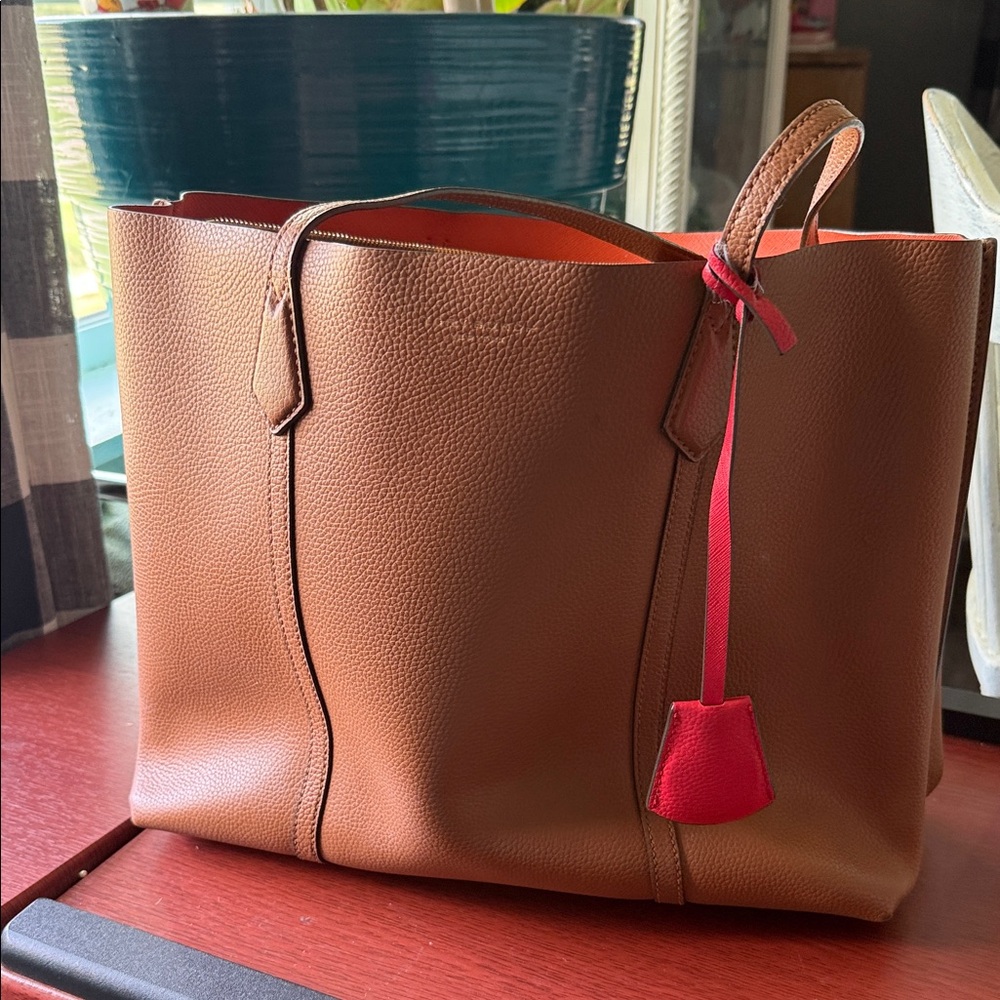 Tory Burch Brown Leather Tote with Red Accent
